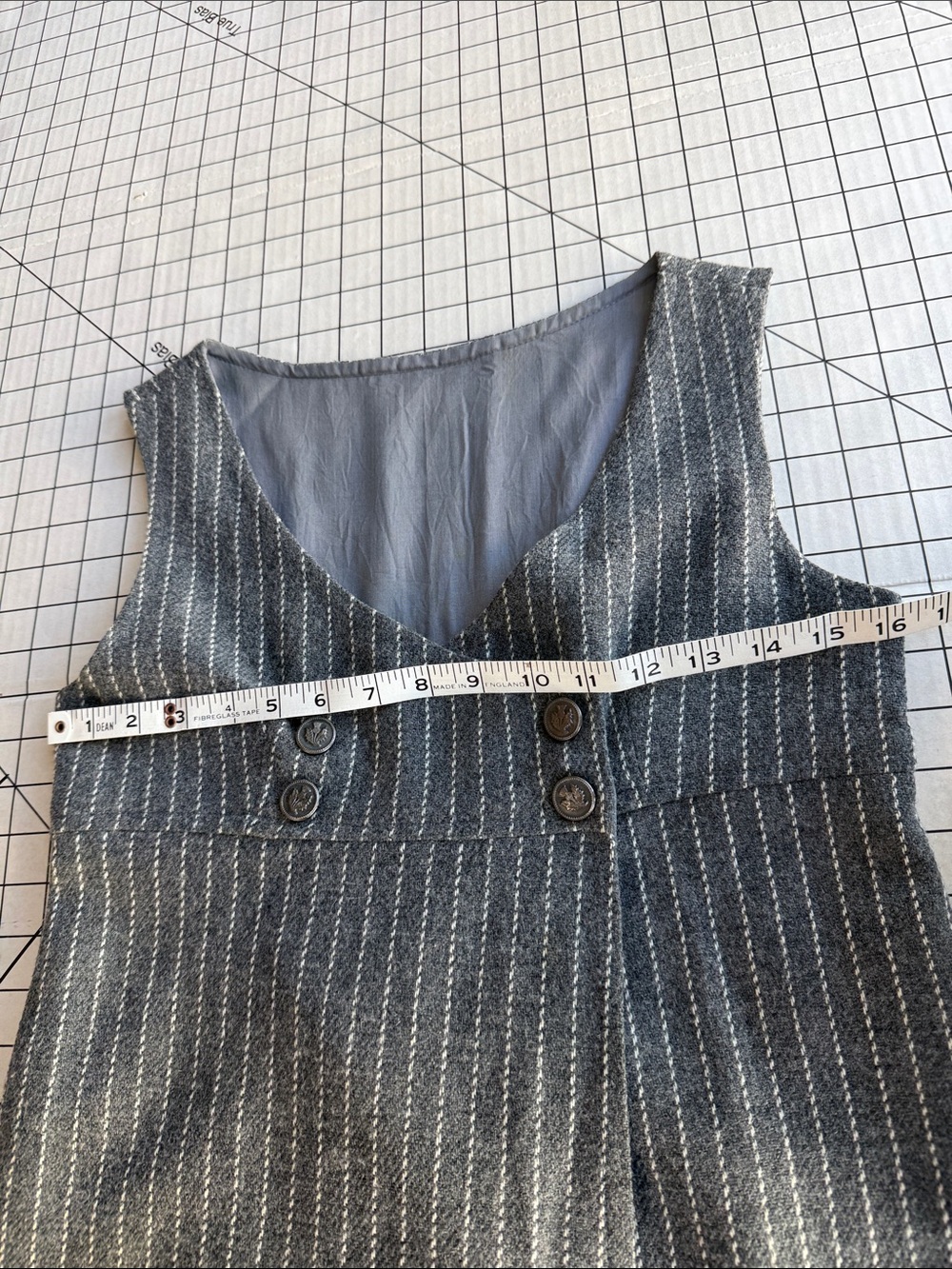 Gray Wool Pinstripe Jumper Tunic Pinafore Thistle Buttons Lined A-Line XS S - Picture 10 of 16